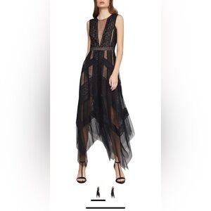 BCBGMaxAzria Black Asymmetrical Tiered Cocktail Gown